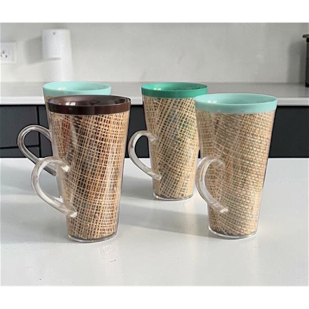 Vintage Raffia Burlap Insulated Thermal Mugs Set of 4, Mid Century Modern MCM